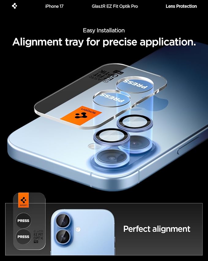 Spigen Camera Lens Protector for iPhone 17 (16 Plus/16) - Mist Blue | GlasTR EZ Fit Optik Pro, 9H+ Tempered glass, Scratch resistant, Auto-align tray, Case-friendly, Original Photo Quality, 2Pack - Image 4