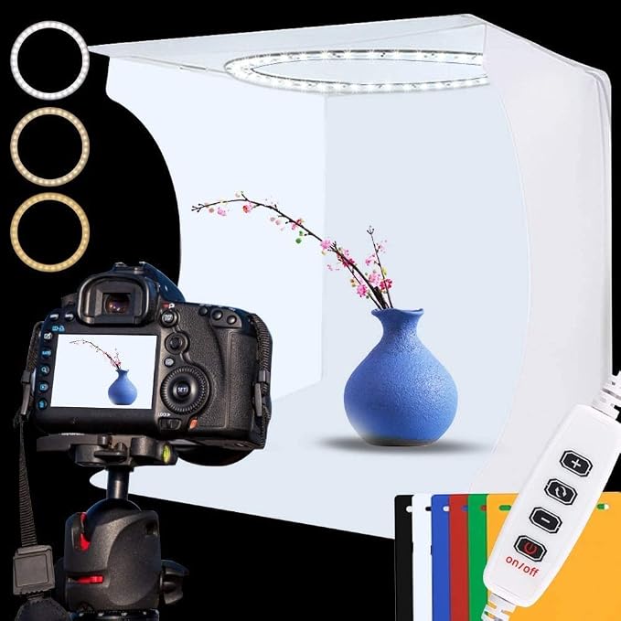 Photo Studio Light Box Kit 12x12 Inch, Folding Lightbox for Small Product Photography, 128 LED Adjustable Lighting, Portable Shooting Tent with 3 Light Colors & 6 Backgrounds by DUCLUS