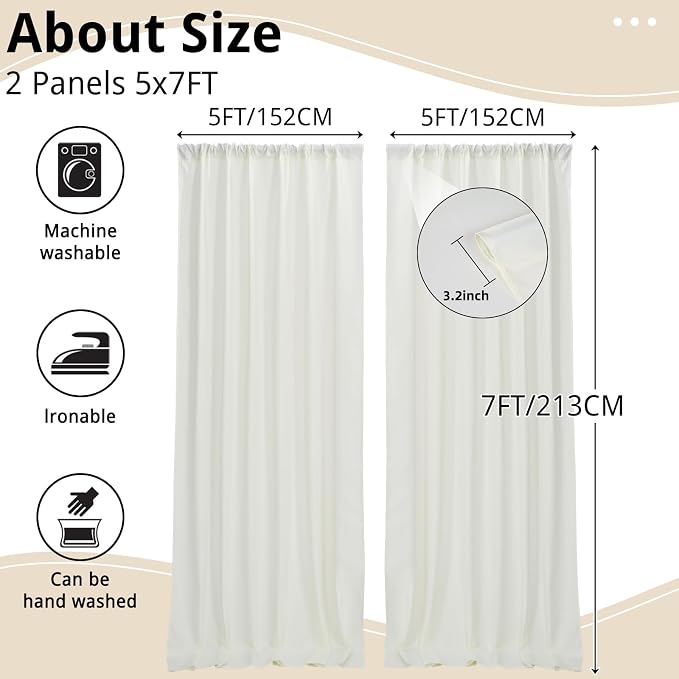10x7FT Beige Backdrop Curtains for Parties, 5x7FT 2 Panels | Wrinkle Resistant Fabric Drapes for Photography Birthday Wedding Background Decorations Easy Hang Multipurpose Use - Image 3