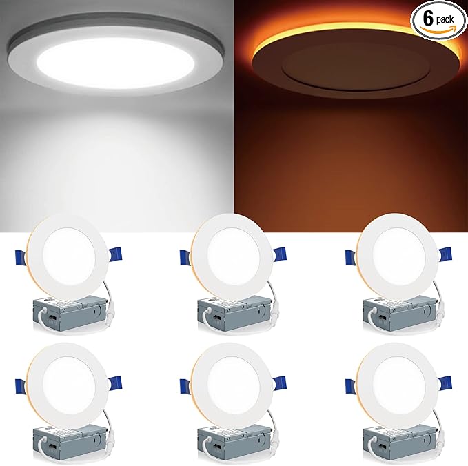 Meconard 6 Pack 4 Inch 5CCT LED Recessed Lighting with Night Light, 2700K/3000K/3500K/4000K/5000K Selectable Ultra-Thin LED Recessed Ceiling Lights, 9W=75W, 750LM, Dimmable Canless Wafer Downlight by Meconard