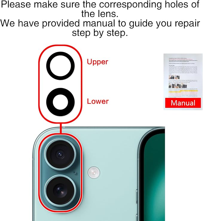 2PCS ASDAWN Back Rear Camera Lens Glass Replacement for iPhone 16 6.1 inch and 16 Plus 6.7 inch with Pre-Installed Adhesive, Back Lens Glass with Installation Manual + Repair Tool Set - Image 6