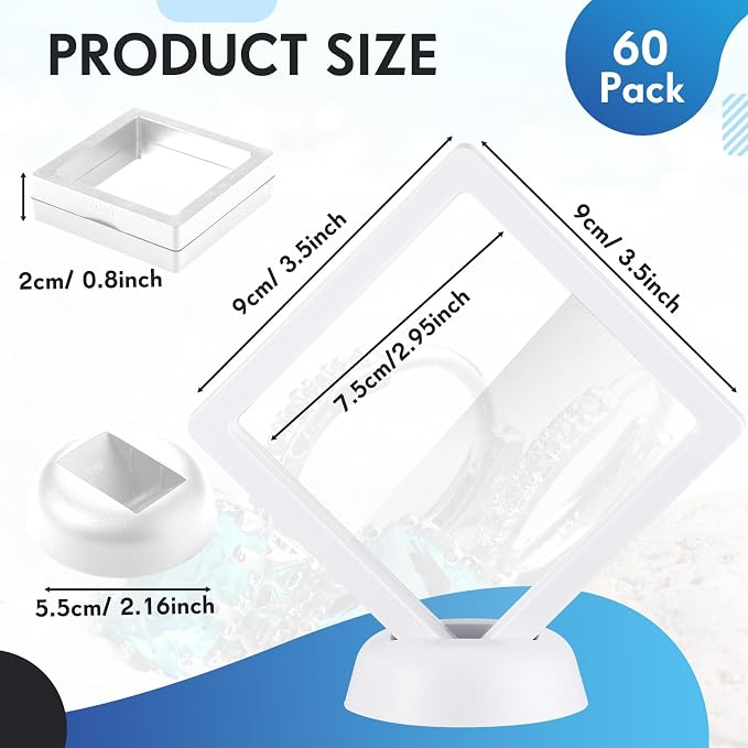 FairySandy 60 Pcs Floating Display Case Box, 3.5 Inch, White | 3D Floating Frames with PE Film for Challenge Coin, medal, Jewelry Storage Box, Small Display Holder, Stand Base Included - Image 2