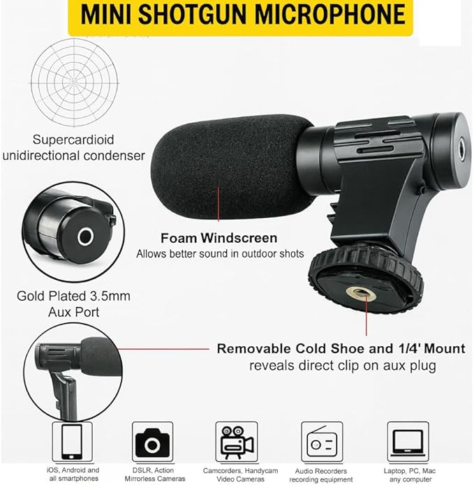 Acuvar Mini Shotgun Microphone for Camera & Smartphone, External Camera Mic for DSLR, Camcorder & Phone, 3.5mm Plug, Vlogging & YouTube - Image 2