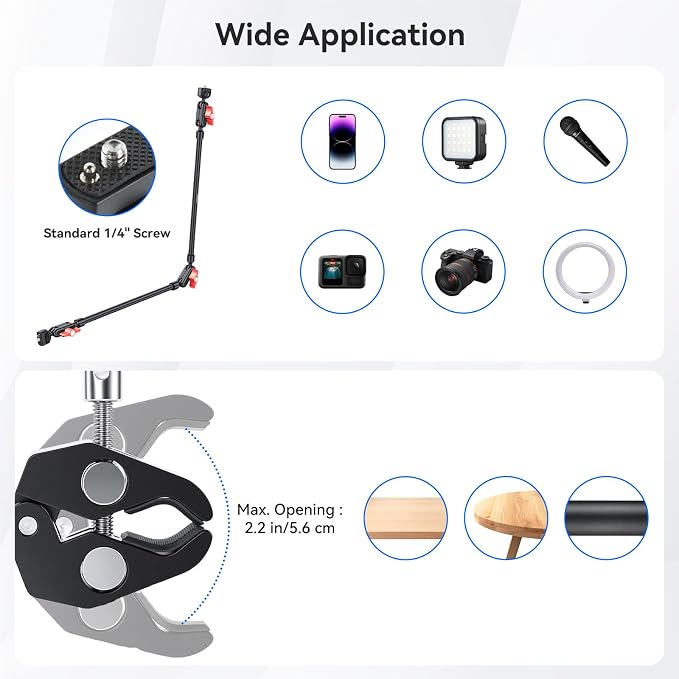 UEEBIT 33" Camera Arm with Desk Super Clamp, with 1/4"& 3/8" Threads Screws | Articulating Extra-Long Magic Arm 360° Ball Heads, for Phone, Mic, Light, Webcams, Action Camera (Black Red) - Image 5