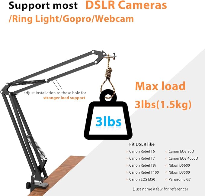 Overhead Tripod for DSLR Cameras, Heavy Duty Camera Desk Mount Stand with Flexible Articulating Boom Arm, Cam Holder Table Clamp for Canon Nikon Sony Fuji SLR Mirrorless Video Recording - Image 3