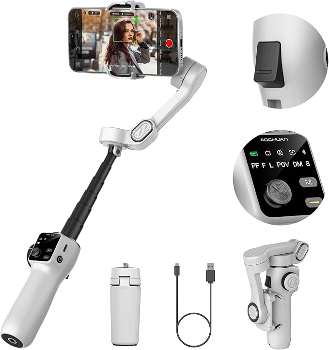 AOCHUAN Gimbal Stabilizer for iPhone w/Extension Rod,Face Tracking(SmartV8) | Phone Gimbal for iPhone with Built-in 7.8Ft Extension Rod, Full-Screen Oled Display, Ideal for Tiktok Recording(White) by AOCHUAN