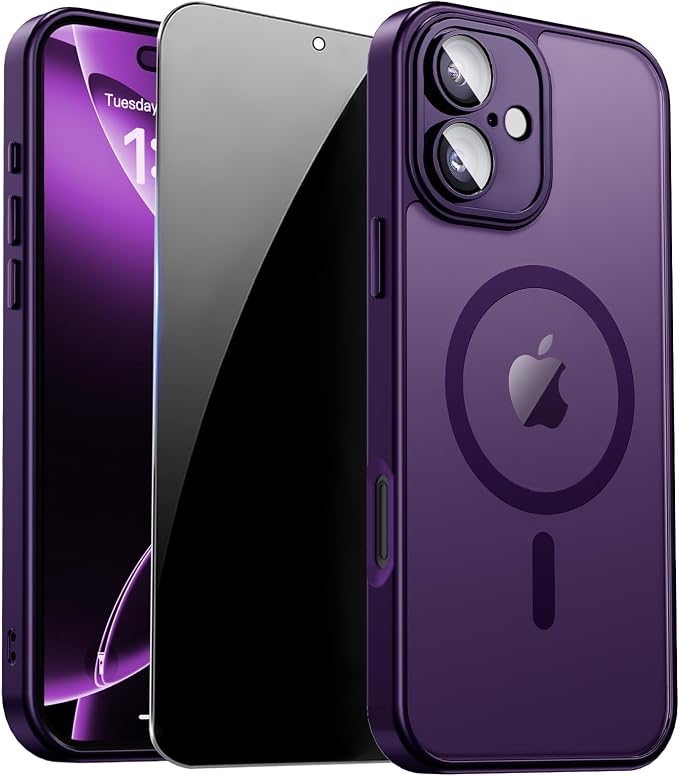 for iPhone 16 Plus Case with Privacy Screen Protector, Purple | Full Camera Protection, Matte Translucent, Magnetic, Compatible with MagSafe, Shockproof Phone Cover for Women/Girls by ZOZDOKG