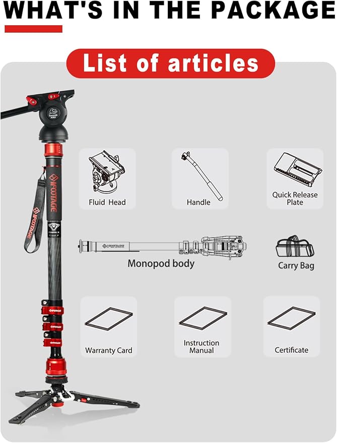 IFOOTAGE Cobra 3 C180F-P+K5S Carbon Fiber Camera Monopod 71" | Travel Monopod with Feet, 1/4" & 3/8" Quick Release Compatible with Sony Canon Nikon DSLR Camera, Payload 17.6lb - Image 9