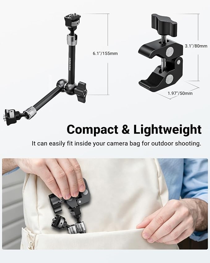 Neewer 11" Articulating Magic Arm Clamp Mount with Super Clamp, Camera Monitor Mount with 1/4" 3/8" ARRI Locating Pins & Holes for DSLR Action Camera Video Light Compatible with SmallRig Cage, ST16C - Image 8