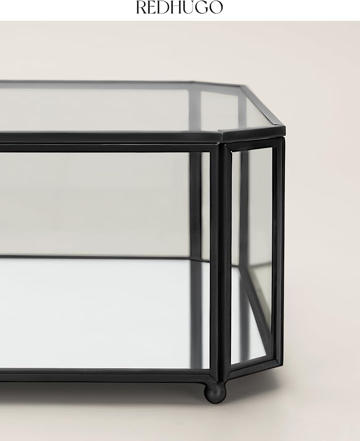 REDHUGO Large Glass Boxes for Display Handmade, Octagon, Black | Handmade Glass Jewelry Box with Mirrored Bottom and Lid, Ideal for Trinkets, Photos, Keepsakes and Vanity Decor - Image 8