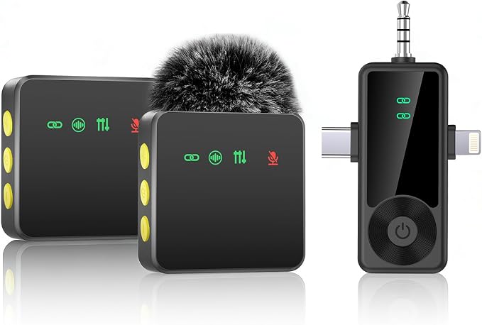 Mini Wireless Microphone for iPhone/Android/Camera, Noise Reduction | 3-in-1 Receiver, 2-Pack 20-Hour Battery Life Mini Lavalier Mics for Podcast, Content Creators, Recording, Vlogging, Streaming by Therivo