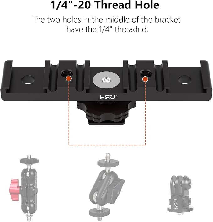 HSU Cold Shoe Mount Bracket, Triple-Head Hot Shoe Mount, 1/4 Screw Port, Aluminum Cold Shoe Plate Adapter with Cable Slot Bayonet for Microphone, Led Video Light, Monitor - Image 3