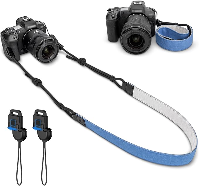 Blue Minimalist Denim lifestyle Camera Shoulder Neck Strap with Quick Release for Most Mirrorless Cameras Canon EOS R50 R10 Fuji X-T30 III XT-50 Nikon Z5 Z50 II Z fc Zf, Adjustable Comfortable Strap by JJC