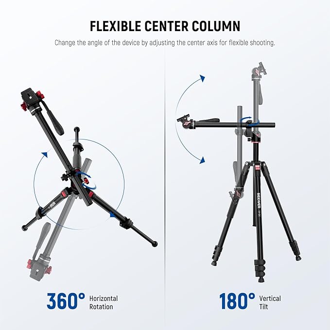 NEEWER Overhead Horizontal Camera Tripod Monopod with Fluid Head & Flexible Center Column, 90 Inch Tall Metal DSLR Video Travel Stand, Arca Type QR Plate & Inverted Legs, Max Load 13.2 lbs, TP64 - Image 2