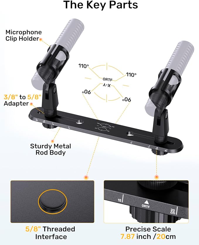 Stereo Array Spacing Mic Mount Bar with 360° Mic Ball Head Adapter, Adjustable Mic Holder for Two Mics/Booms with 1/4”, 3/8” & 5/8” Thread Adapter Fits Most Mic Stands, for XY/ORTF Recording - Image 2