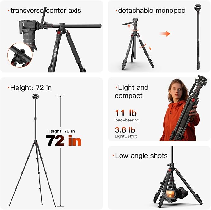 72" Overhead Camera Tripod with Fluid Head,Horizontal Tripod for Top-Down Product & Food Photography,Detachable Monopod&Invertible Center Column,Aluminum Tripod for DSLR Camcorder Spotting Scope - Image 5