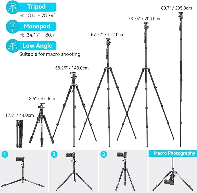 SmallRig CT-20 Camera Tripod, 78.7" Foldable Aluminum Tripod & Monopod, 360°Ball Head Detachable, Payload 33lb (200cm/78.7") - Image 2