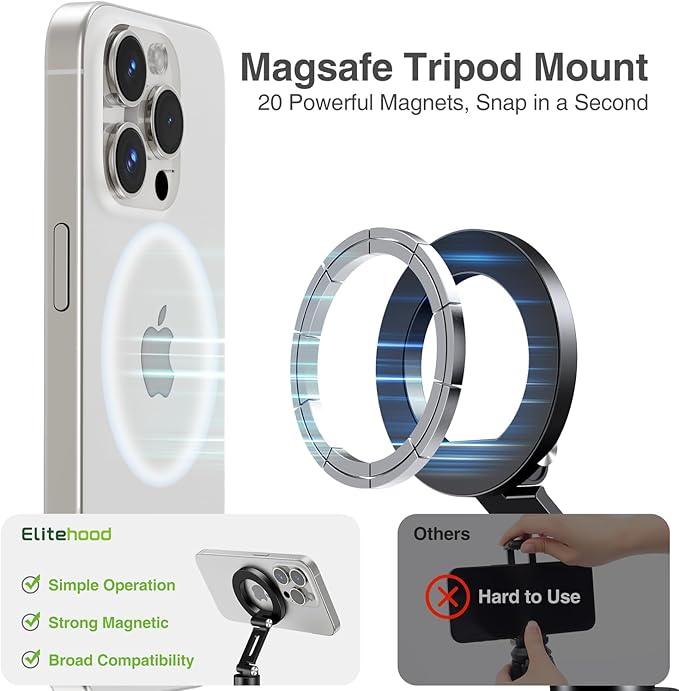 elitehood Magnetic Camera Phone Mount, Magsafe iPhone Tripod Mount | 360° Rotatable Cold Shoe Base, iPhone Tripod Adapter 1/4” Screw & Hot Shoe, 180° Tilt Cell Phone Holder for Tripod Attachment - Image 3