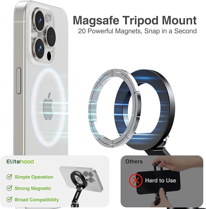 elitehood Magnetic Phone Tripod Mount for Magsafe, iPhone Camera Mount | Aluminum iPhone Tripod Mount Adapter with 1/4” Screw, Cold Shoe Phone Holder for Camera, Fits iPhone 17/16/15/14 Series - Image 2