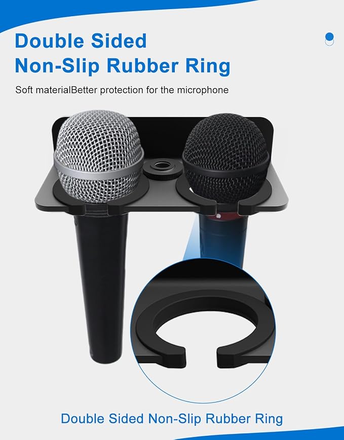 Double Mic Holder for Stand, Wall Mounted for 2 Handheld Wired/Wireless Mic | Multiple Mic Organizer Fits 5/8 & 3/8 Stands, Rubber Pad Protection, Holds 2 Dynamic Mics for Church/Stage/Studio/Podcast - Image 3