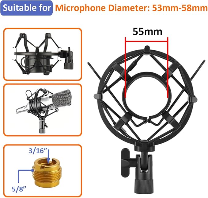 53-58mm Microphone Shock Mount Anti Vibration Mic Suspension Mount Aluminum Alloy Condenser Microphones Holder Clip with Metal Screw Adapter Isolation Absorber Studio - Image 4