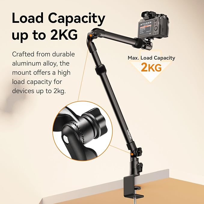 ULANZI ZJ02 Camera Desk Mount Stand Overhead Magic Articulating Arm | 98cm/38.6inch, 4-Section Adjustable, Aluminum, 1/4" Ball Head, for Cameras DSLR Lights Streaming Photo Video Shooting - Image 8