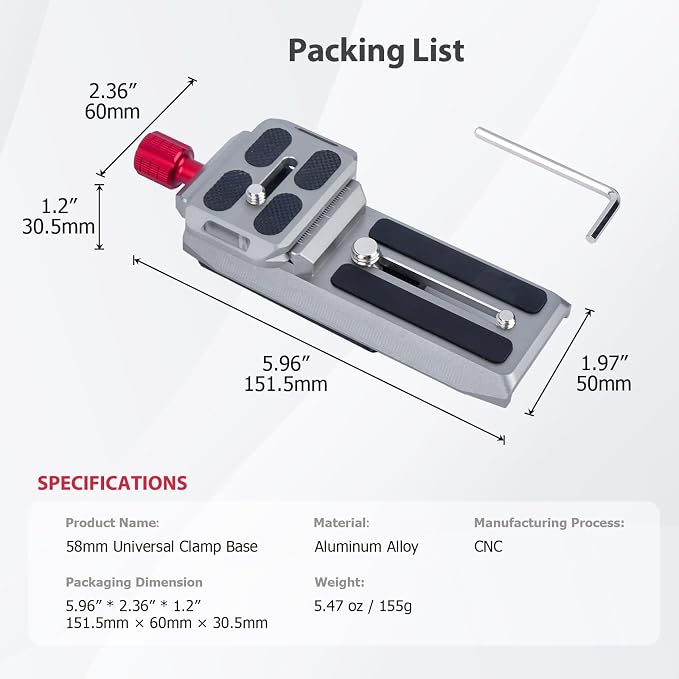 Came-TV 58mm Universal Clamp Base with Arca-Swiss Quick Release Plate, CNC Aluminum Camera Mount Clamp for DSLR/Mirrorless Camera, Tripod, Stabilizer, Motorcycle Mirror, Car Headrest Rods 61009 - Image 5