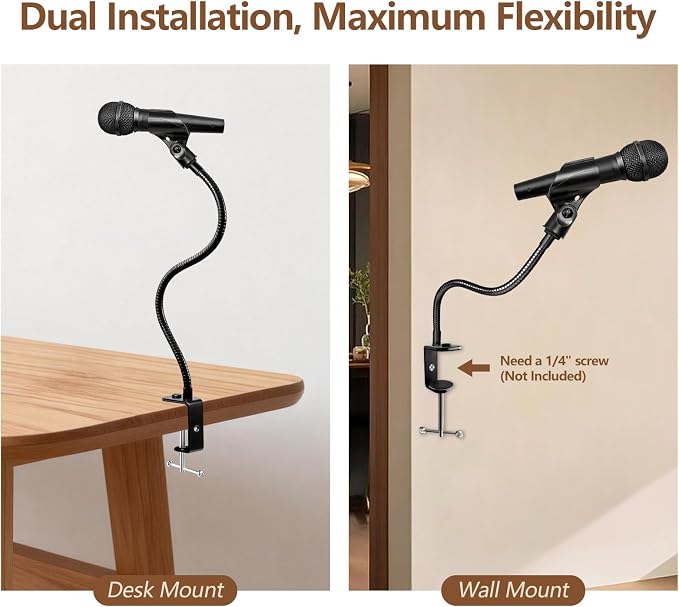 2 In 1 Gooseneck Mic Stand with Phone Clip, 13 Inch Flexible Mic Arm Desk Mount for Podium, Lecture, Podcast, Studio, Microphone Holder Compatible with Shure SM58, Beta 58A, Samson Q2U - Image 6