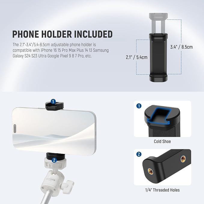 NEEWER Basics Mini Desk Selfie Stick Tripod Compatible with iPhone GoPro Insta360 DJI, Portable Small Camera Webcam Android Cell Phone Holder Ball Head Elevated Axis Video Recording Stand, TP43 White - Image 6