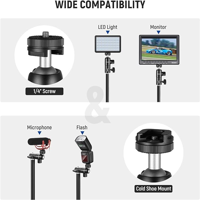 NEEWER Light Stand Mount Adapter w Cold Shoe & 1/4" Screw Mini Ball Head | Reversible Mounting Plate for Camera, Monitor, Ring Lights, Fits Flat Head, Boom Arm, C Stands, Max. Load 22lb/10kg - Image 3