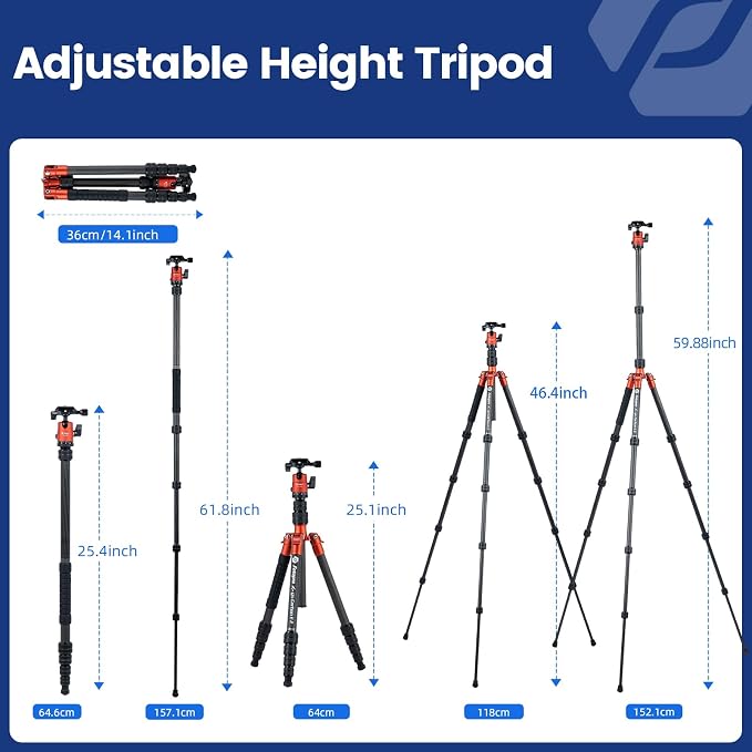 Fotopro 62" Carbon Fiber Travel Tripod, Lightweight Compact Camera Tripod with Ball Head, Detachable Monopod with Arca-Swiss Release Plate and Bag, Load up to 8KG/17.63lbs, Weighs only 2lb. Orange - Image 3