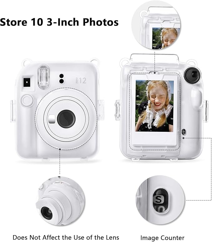 Rieibi Accessories for Fujifilm Instax 12, Gift Bundle Includes Clear Case with Strap, Mini Photo Album, Selfie Mirror, DIY Stickers, Color Filter (No Camera) - White - Image 3