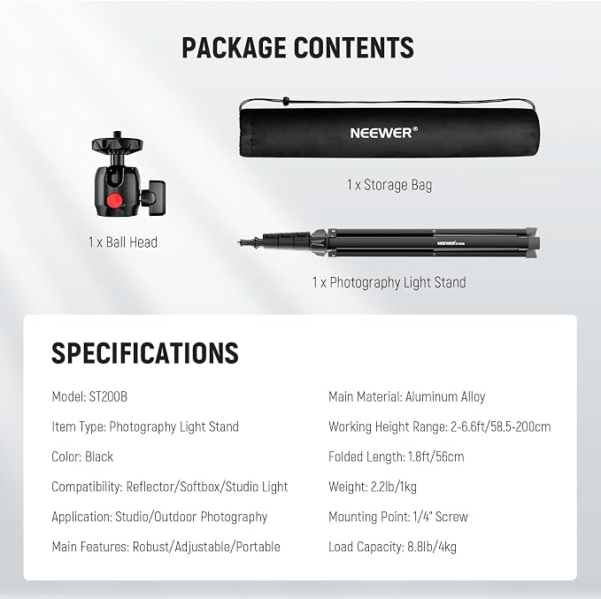 NEEWER Photography Light Stand 1.8-6.6ft/56-200cm with Ball Head 1/4" Screw, Max Load 8.8lb/4kg Aluminum Portable Studio Lighting Tripod, Phone Video Stand for Strobe Light Softbox DSLR Camera, ST200B - Image 8