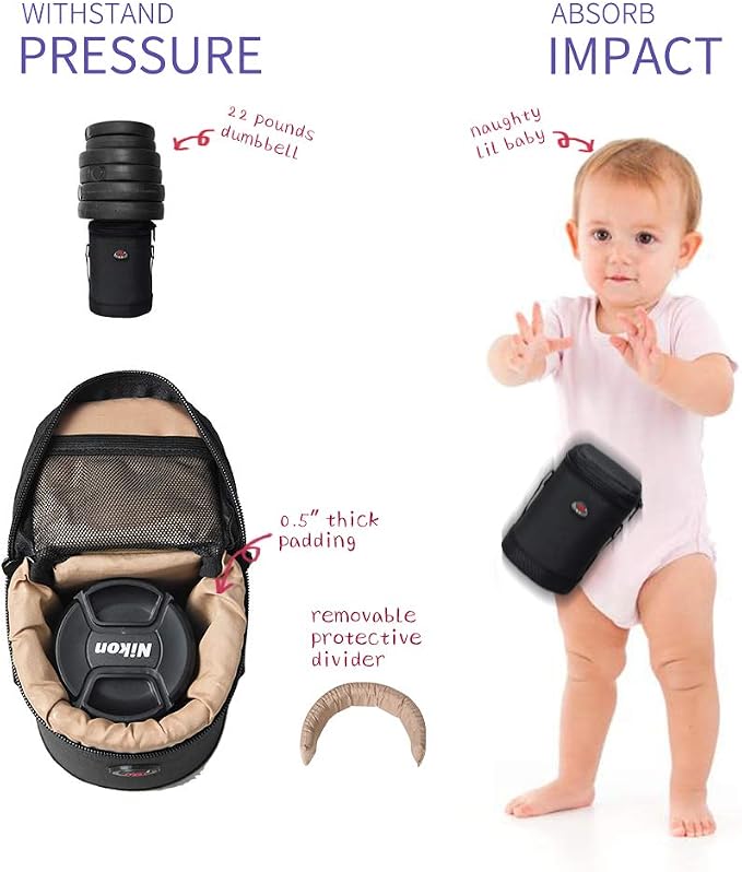 DSLR Camera Lens Case Pouch Bag for Lenses up to 3.74" x 5.98" | Lightweight Padded Lens Case with Zipper, Soft Lining & Carrying Strap, Protects Lenses from Dust, Scratches & Water - Image 3