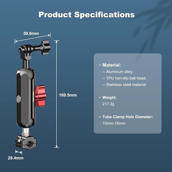 Camera Clamp Mount, Super Camera Mount Dual Ball Head Magic Arm with U-Shaped for Motorcycle Handlebar & Aluminum,Super Clamp for DSLR, Action Camera, Go pr0, Insta360,360° Rotating, 78001 - Image 7