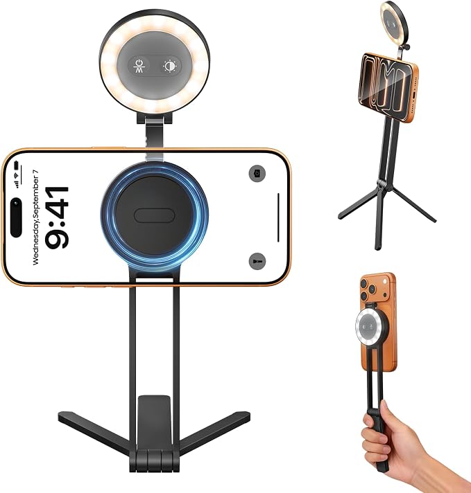 2 in 1 Magnetic Selfie Light Tripod for iPhone for Magsafe Tripod | magnetic adsorption,phone mount smartphone stand selfie stick with fill light for iPhone accessories,3 color temps brightness by Maectech