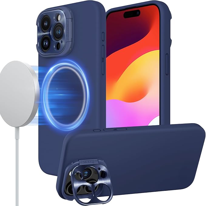 Nillkin for iPhone 15 Pro Max Case Silicone[Compatible with MagSafe][Innovation Metal Camera Invisible Stand] Military Grade Protection Shockproof Phone Case for iPhone 15 Pro Max 6.7'' Blue by Nillkin