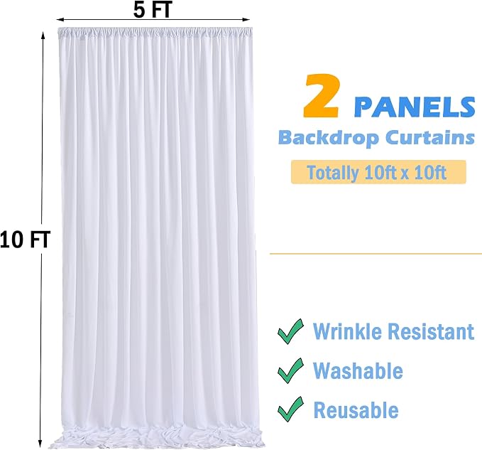 10x10ft Wrinkle Free White Backdrop Curtains for Party Background, 2 Panels 5x10ft Silky Polyester Photo Backdrop Drapes Back Drop Cloth for Wedding Birthday Photography Baby Shower Decor - Image 6