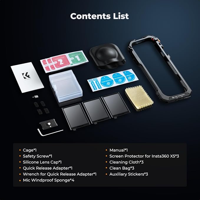 K&F Concept Camera Cage +Lens Cover + Screen Protector Kit for Insta360 X5 | Aluminum Alloy Protective Frame Case, with Quick Release&1/4" Screw Hole & 2 Cold Shoe Mounts for Microphone, LED Light -CI01 - Image 8