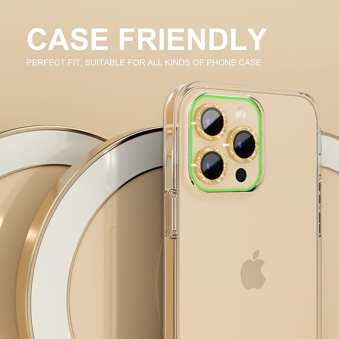 Choiche for iPhone 14 Pro/iPhone 14 Pro Max Camera Lens Protector | Ultra HD, Bling 9H Tempered Glass Camera Cover Screen Protector Metal Ring Decoration Accessories (Glitter-Gold) - Image 4