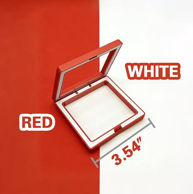 12 PCS Dual-Color Packaging Box 3D Floating Frame Display Stand, Color-Matching Packaging Display Box, Transparent Window Jewelry Case, PE Film Anti-Oxidation Storage Case. (Red+White) - Image 3