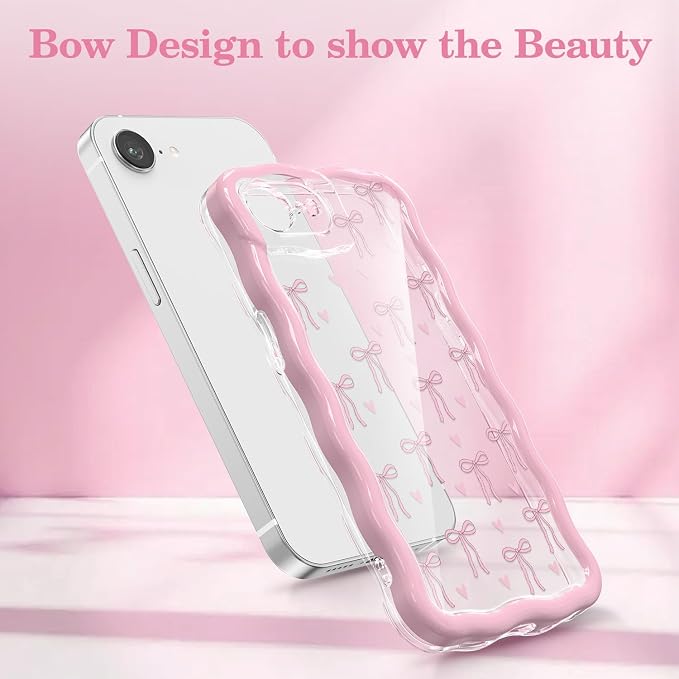 QLTYPRI for iPhone 17e/16e Pink Bow Case, Clear Cute Pink Ribbon Bow Phone Case Curly Wavy Aesthetic Phone Cover, Soft Slim Transparent TPU Shockproof Protective Cover for Women Girls - Love Bow - Image 2