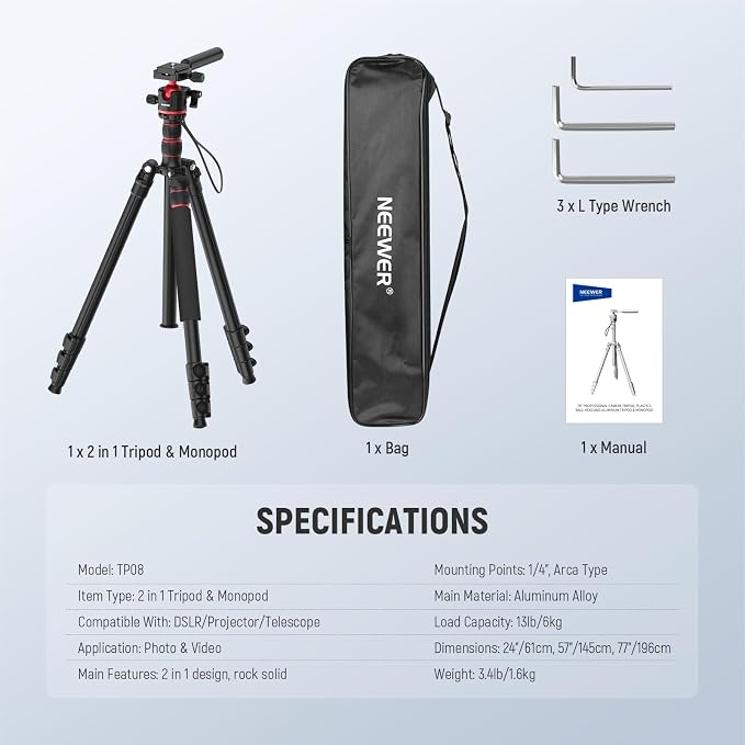 NEEWER Basics Camera Tripod Monopod, 77" Compact Lightweight Travel DSLR Video Stand, 360° Ball Head, Arca Type QR Plate, Reversible Legs & Inverted Central Axis, 13lb Max Load, TP08 - Image 9