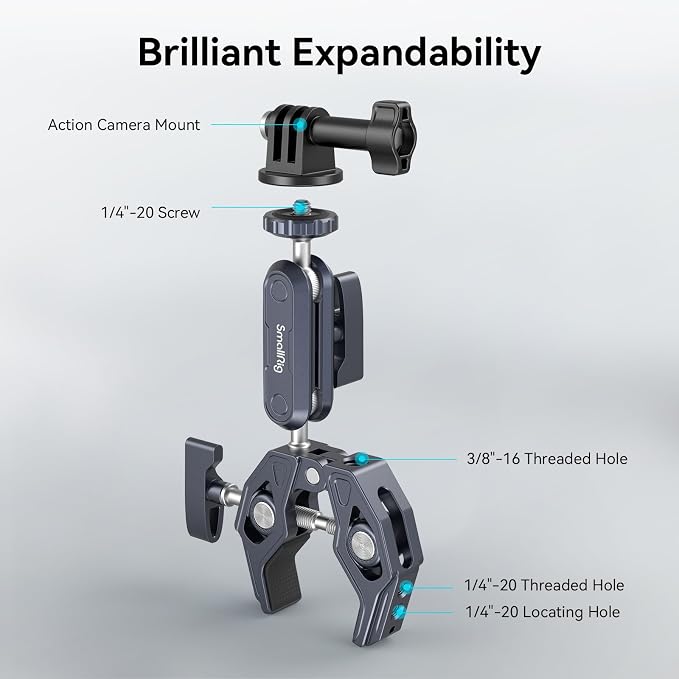 SMALLRIG Super Clamp Mount, Ballhead Magic Arm and Adapter for Gopro | Camera Monitor Mount with 1/4''-20, 3/8''-16 Threaded Holes, for Gopro / DSLR / Stabilizer - Image 9