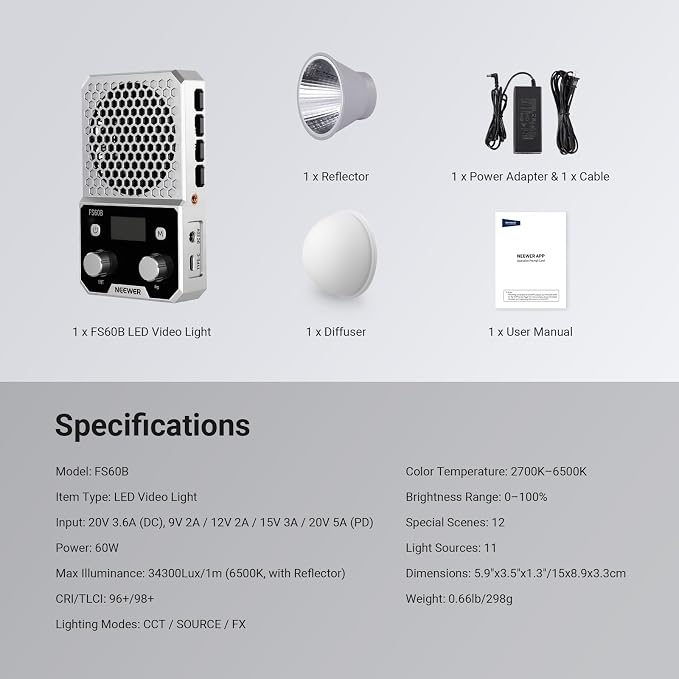 NEEWER FS60B 60W Compact Pocket Bi Color LED Light with APP/Panel Control | COB Continuous Output Lighting, 2700K-6500K, CRI96+, Portable for Professional Studio Photography, Video Recording - Image 9