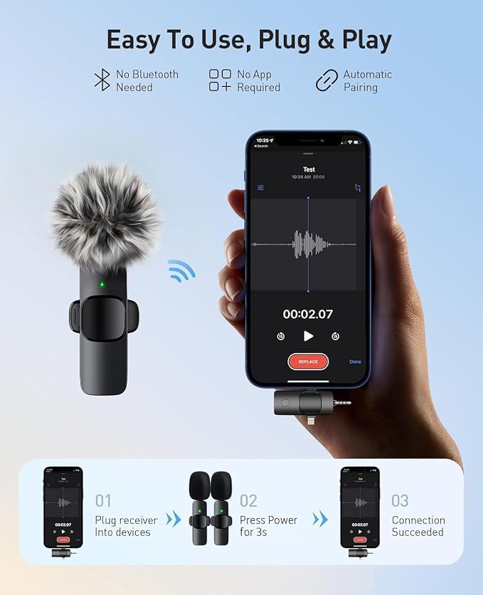 MENERESAS 3-in-1 Mini Microphone for iPhone: Wireless Lavalier Microphones for iOS/Android/Camera - Noise Reduction Lapel Mic, Clip on Mic for Video Recording Vlog, YouTube - Image 5