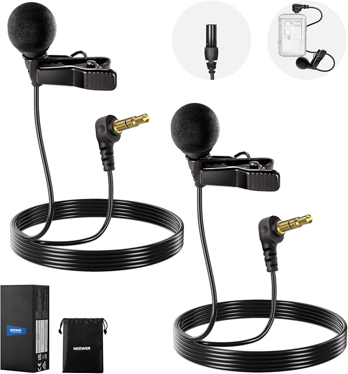 NEEWER LM8 ø4mm Mini Lavalier Microphone (2 Pack), Clip On Wired Condenser | Lapel Lav Mic Set, with 5ft/1.5m 3.5mm TRS Connector, Compatible with DJI Mic 2 Rode Wireless Go II CM28 CM31, and Camera by Neewer