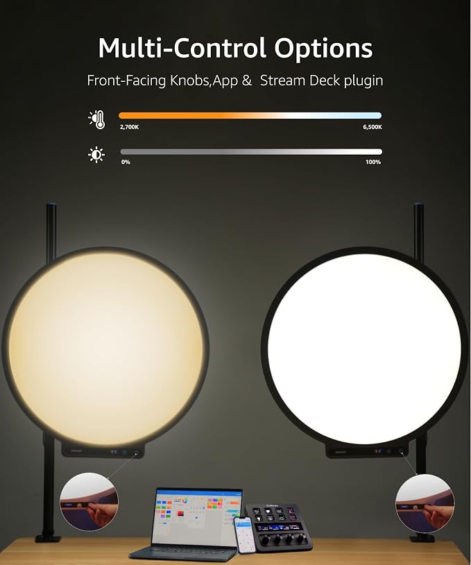 amaran Verge Max LED Video Light,60W Bi-Color Panel Light Charcoal | 22in Circular Edge-lit APP Control Desk Clamp Stand Dimmable Desk Light for Home Office, Gaming, Podcast, Live Streaming - Image 5