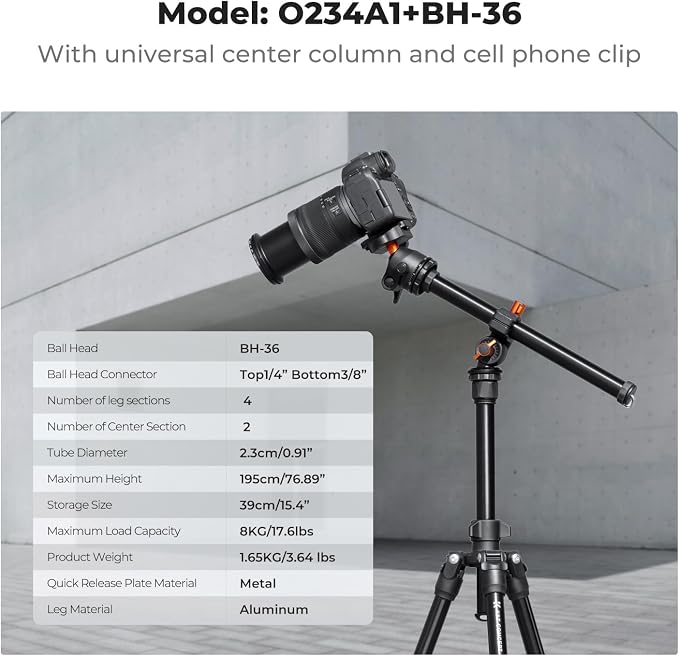 K&F Concept 76 in Overhead Camera Tripod | Rotatable Multi-Angle Center Column, Lightweight, 360 Degree Ball Head, Load Capacity 8kg/17.6lbs. O234A1+BH-36 - Image 4