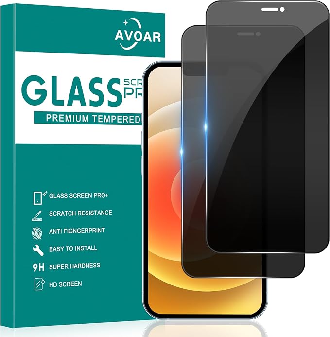 2 Pack Privacy Screen Protector for iPhone 12/iPhone 12 Pro, 6.1 Inch | Tempered Full Screen Glass Film, Anti-Spy, Bubble Free, Case Friendly by AVOAR